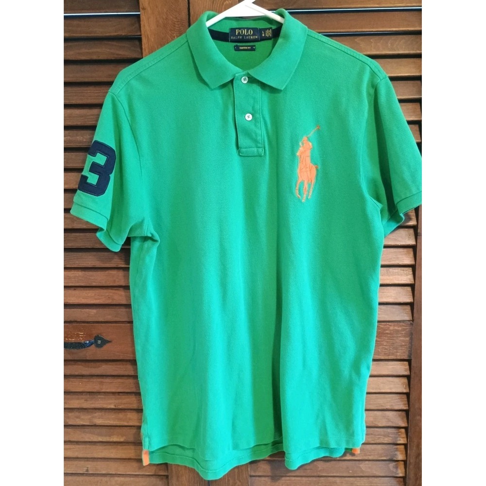 Polo Ralph Lauren Men's Green Solid Knit Polo Short Sleeve Custom Fit Big Pony L
